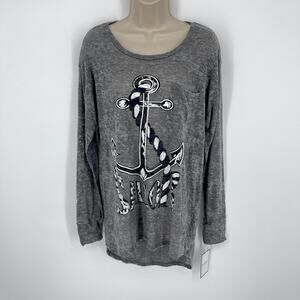 Lauren Moshi Womens Bayle Burnout T-Shirt Pocket Sailor NEW M/L Gray White Blue